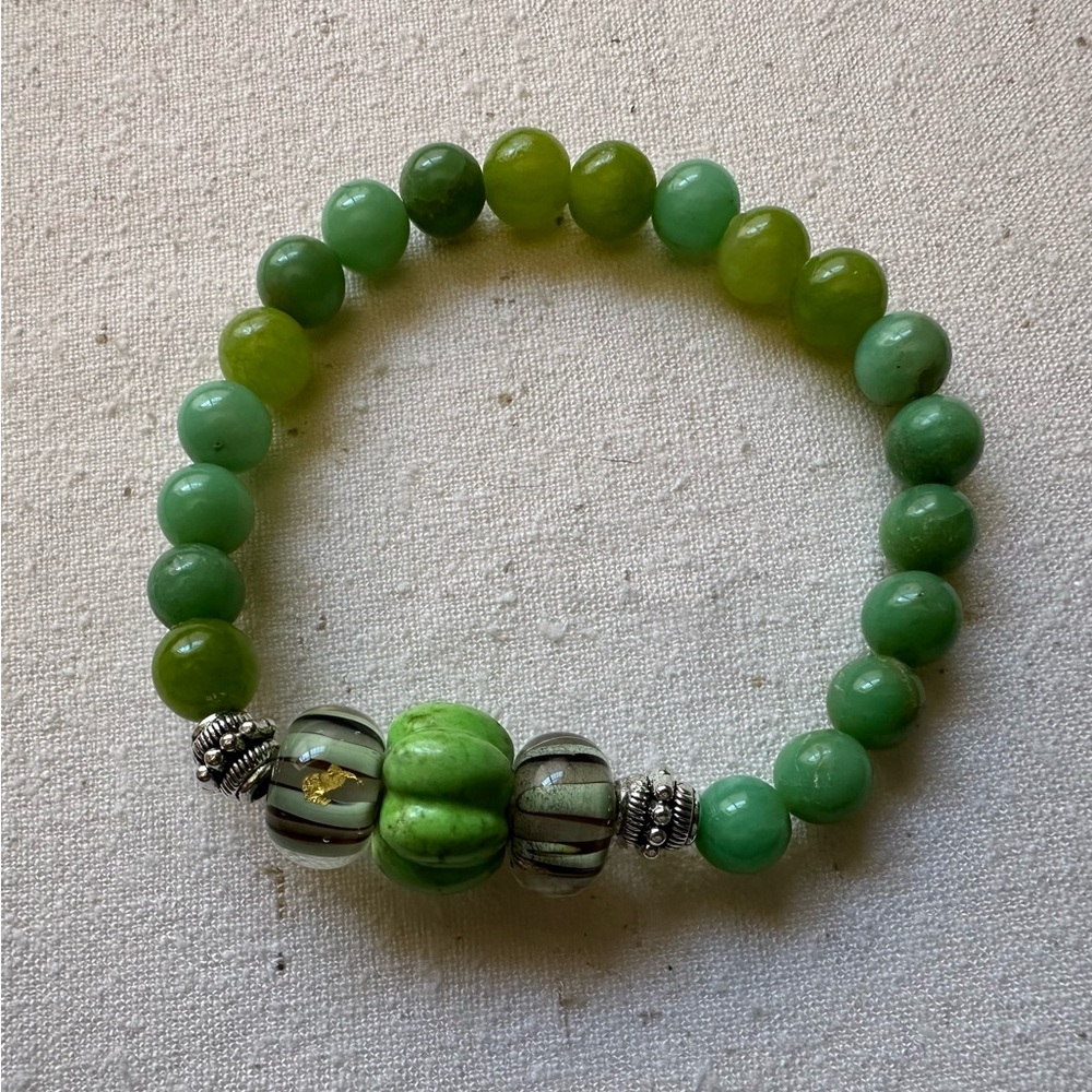 Green Beaded Bracelet with Silver Accents